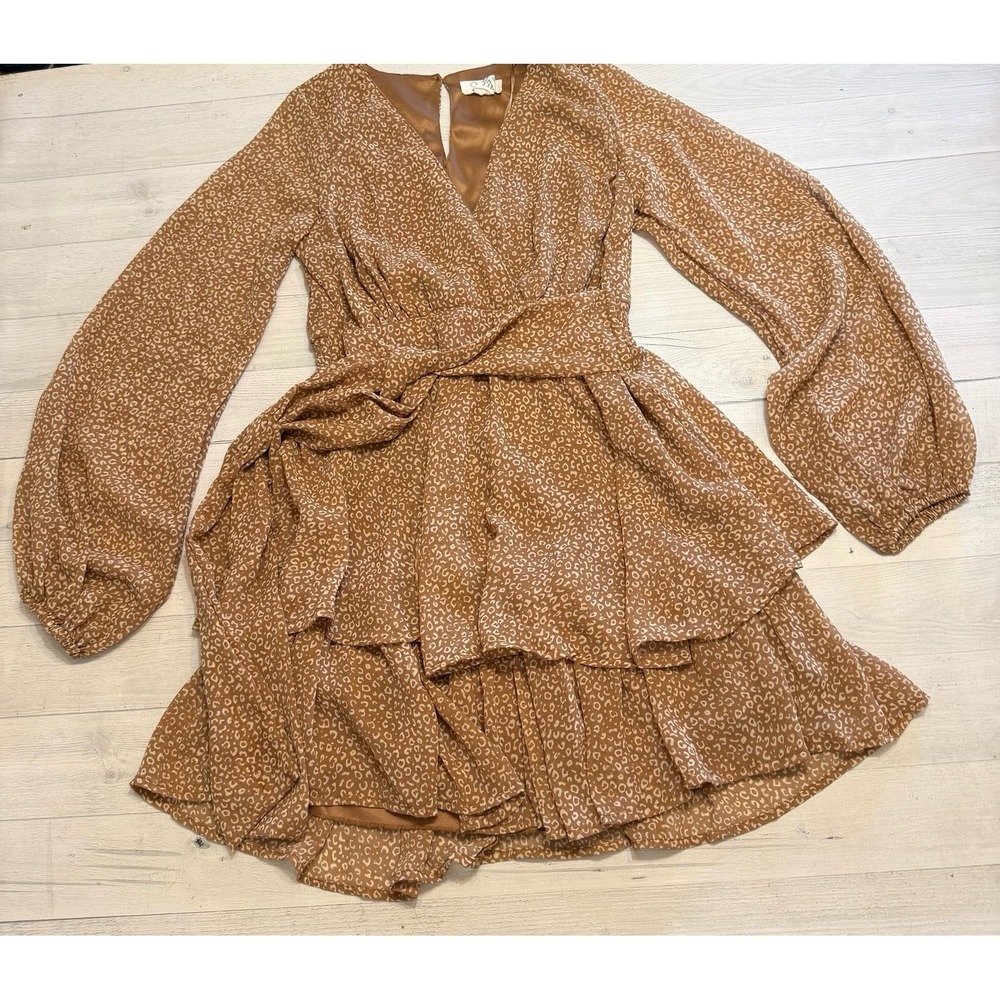 Japana Chic Layered Long Sleeve Dress in Brown tan animal print Womens XS